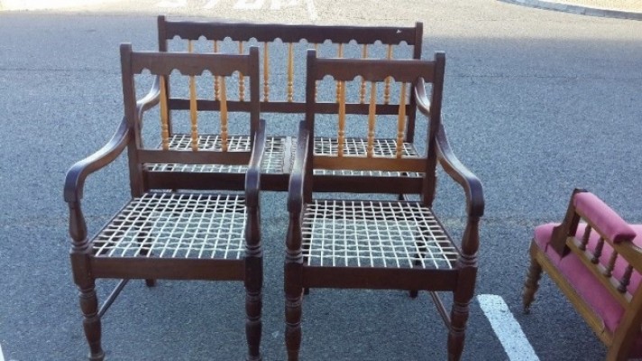 2 Seater Imbuia/ Yellowwood Riempies Chair + 2 Chairs