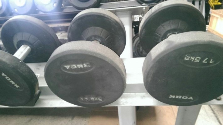 York Rubber Dumbbells 7.5kg - 40kg with Rack Commercial Gym Equipment